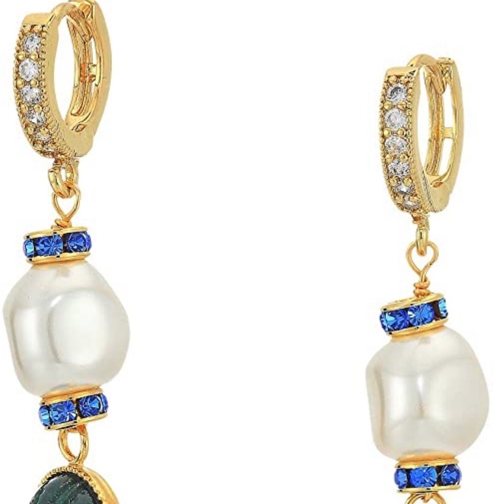 NWT Shashi Harlow Gold Pearl Green Stone Drop Earrings - Picture 4 of 6
